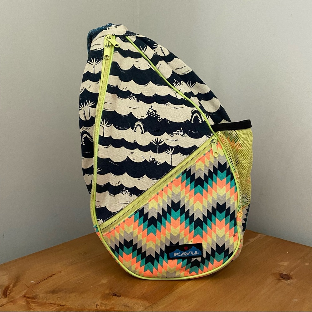 Kavu Paxton Sling Bag with Navy and Neon Patterns